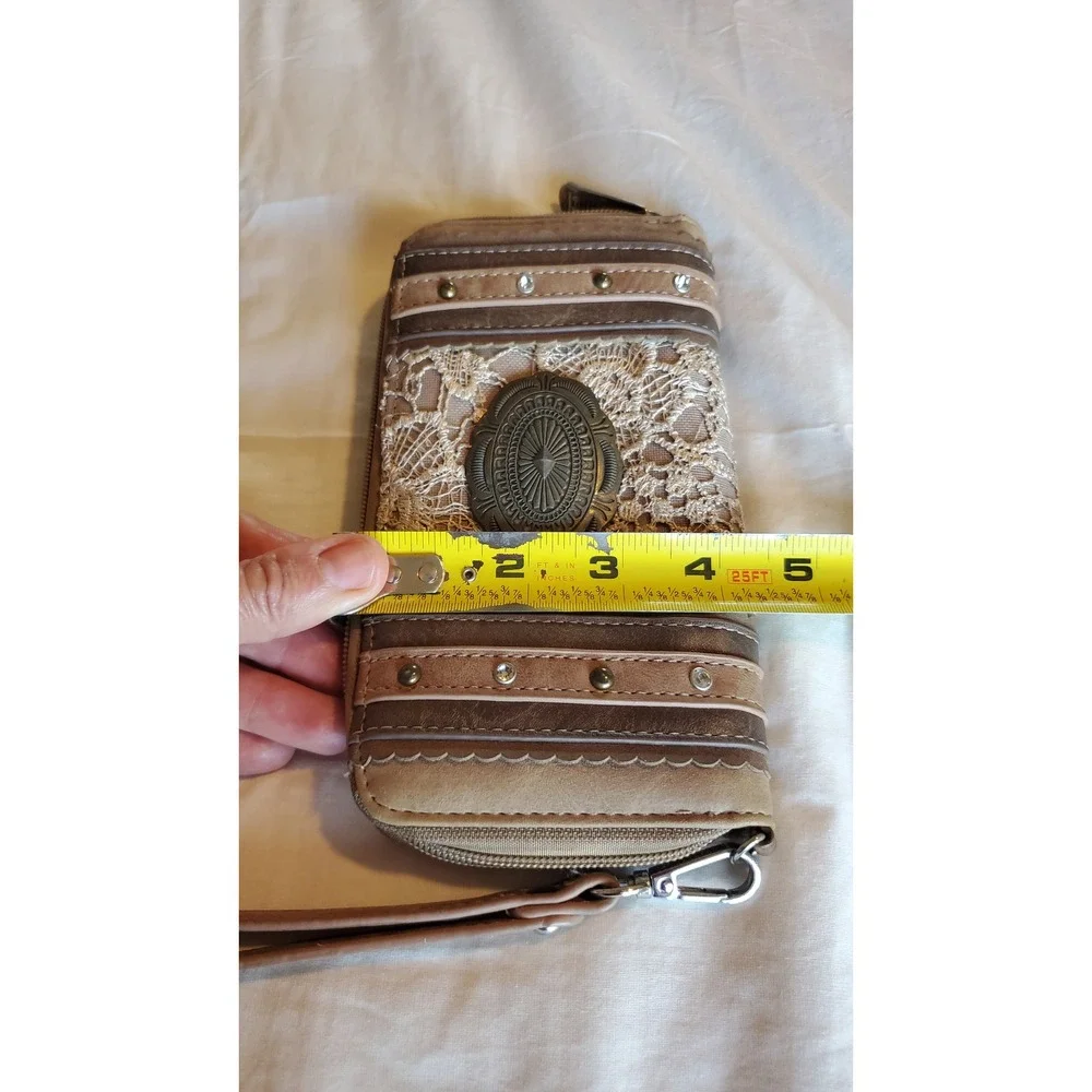 Justin Boots Brown Faux Leather Lace Concho Studded Zip Around Wristlet Wallet